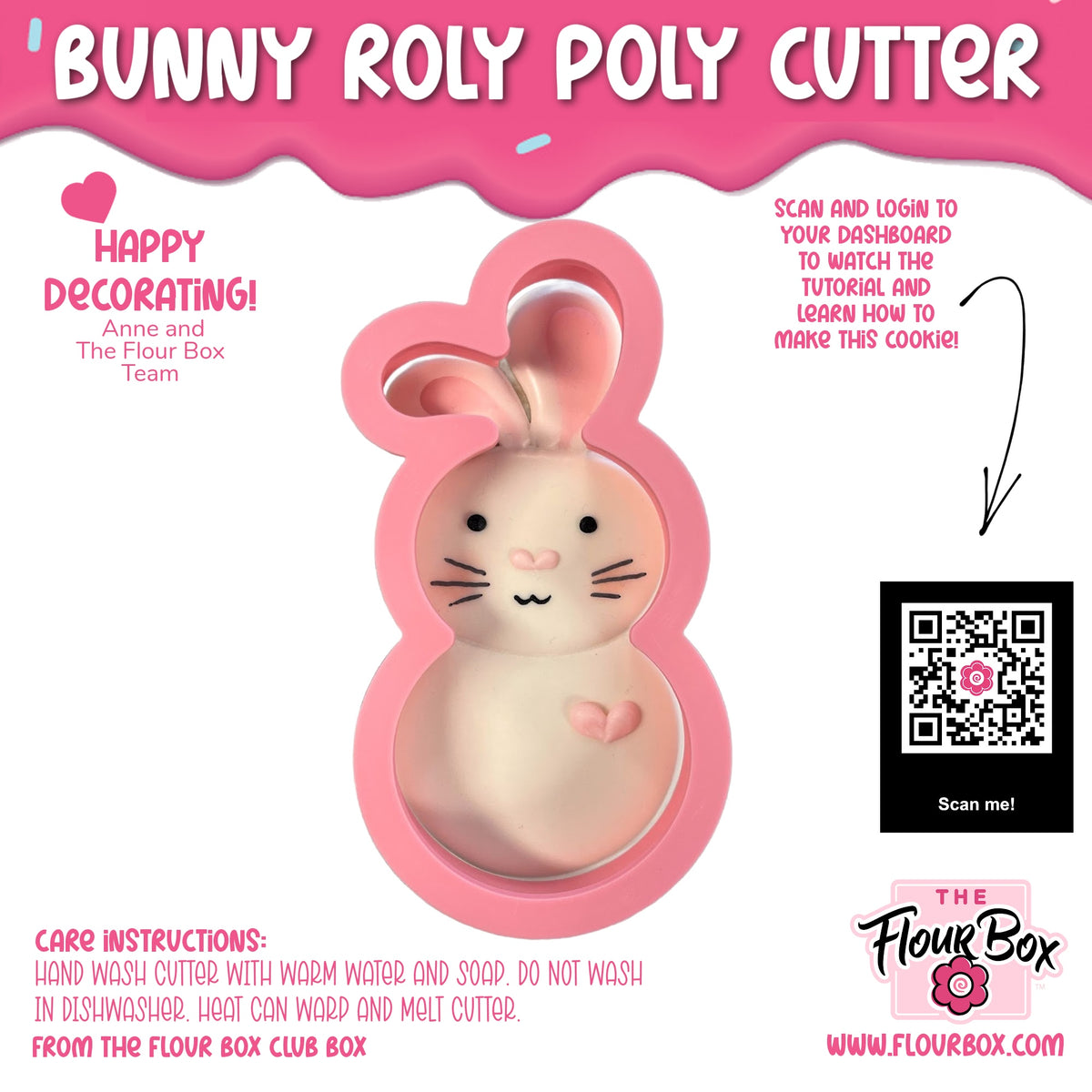 Pink bunny-shaped rolypoly cookie cutter with a smooth glossy silicone body and cute facial features for flour box club
