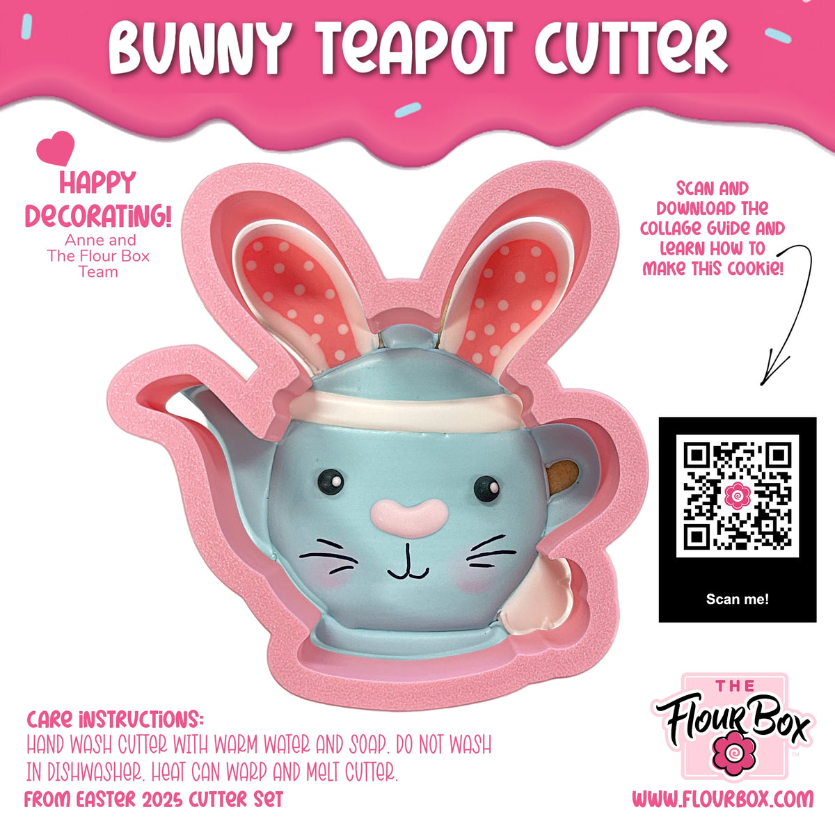 Pastel blue bunny-shaped teapot cookie cutter with pink polka-dotted ears and white trim by the flour box