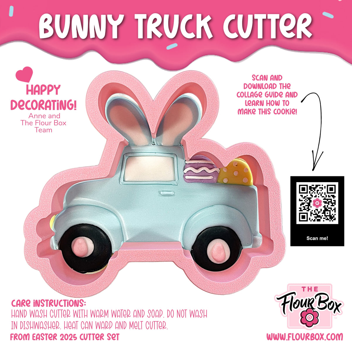 Pastel blue bunny truck cookie cutter with pink ears and black wheels designed for cookie decorating