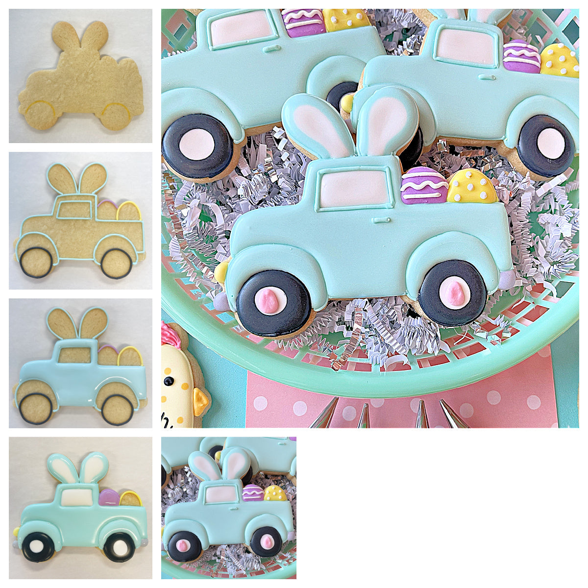 Pastel blue bunny-eared truck-shaped cookies with black wheels and pink accents decorated with colorful egg candies using bunny truck cookie cutter