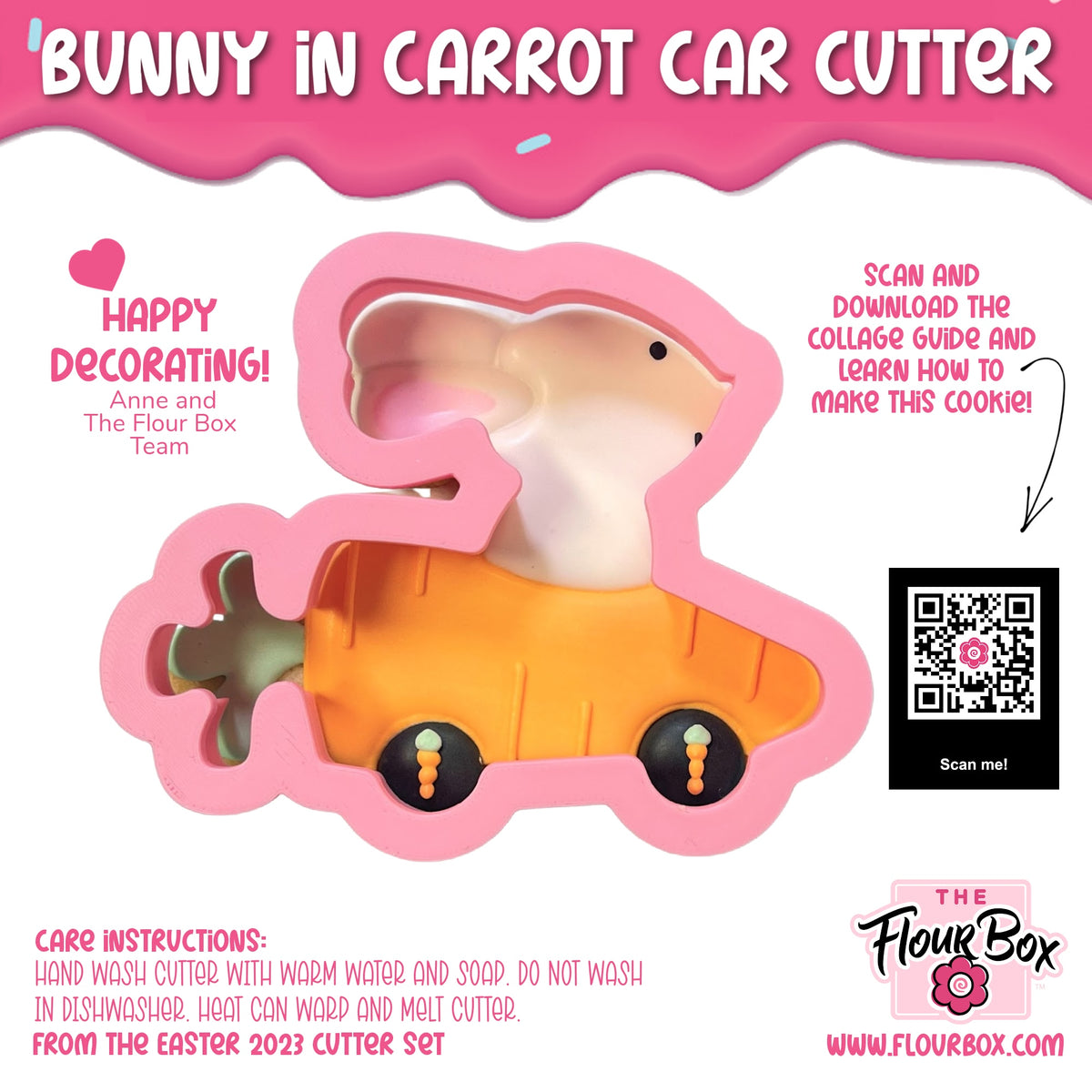 Pink silicone bunny in carrot car cookie cutter for making themed cookies and baked treats