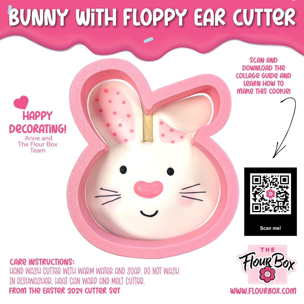 Pink silicone bunny with floppy ear cookie cutter featuring polka-dotted ears and a smiling face for baking