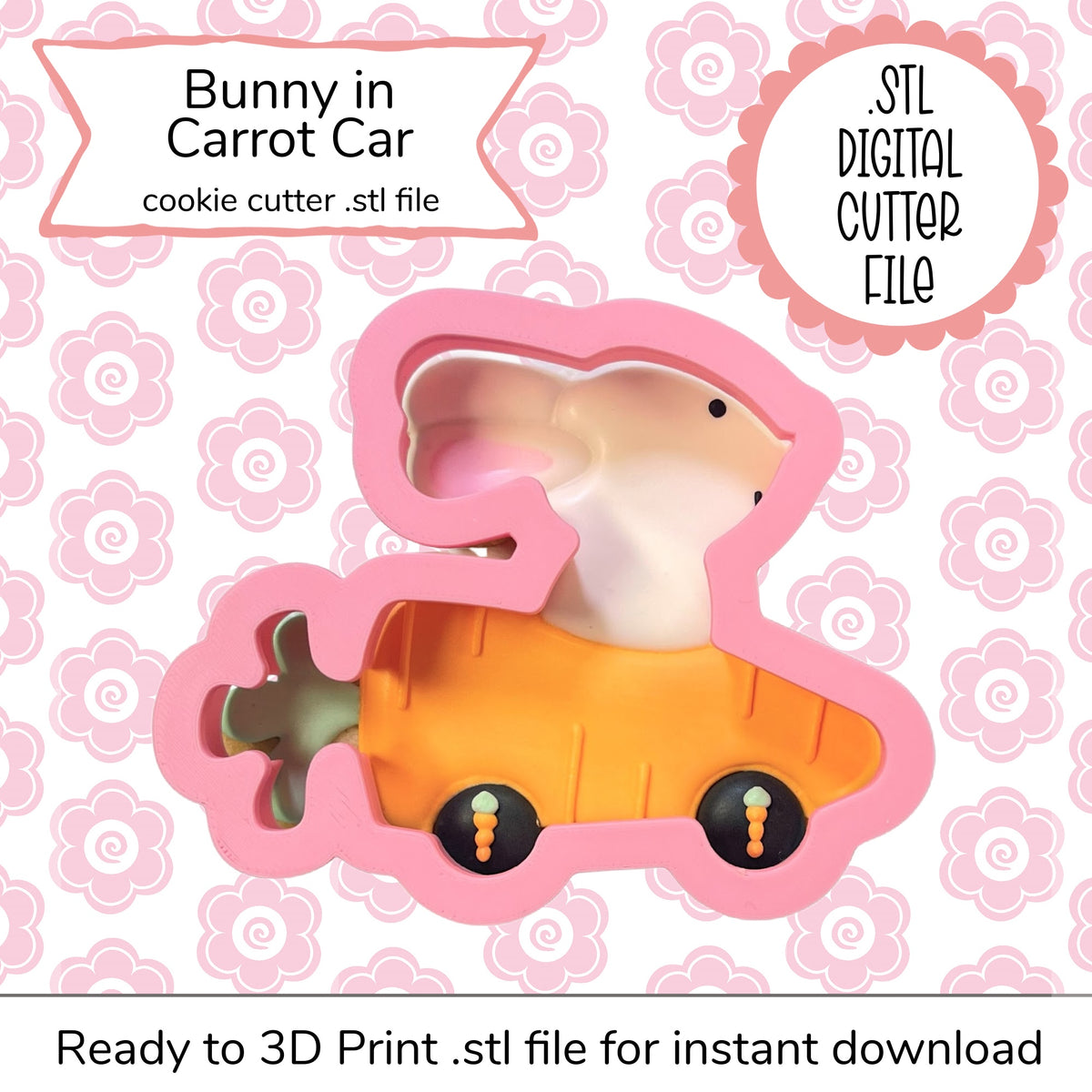 Pink silicone bunny in carrot car cookie cutter for baking shaped like bunny riding in a carrot car design