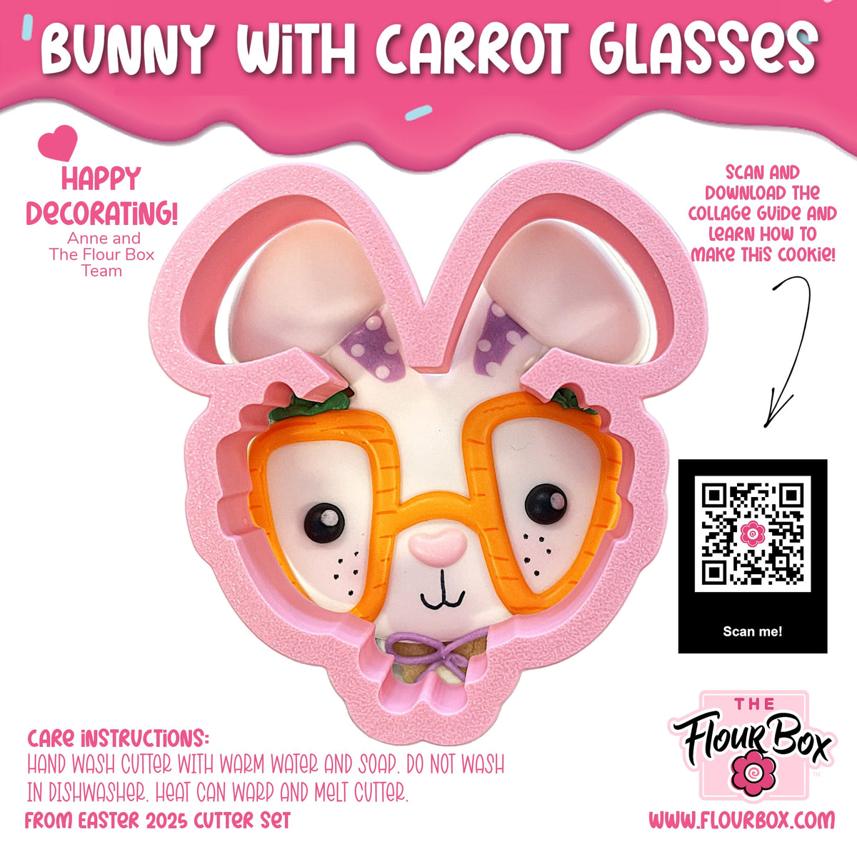 Pink bunny cookie cutter with orange carrot shaped glasses and purple polka dot bow for festive baking