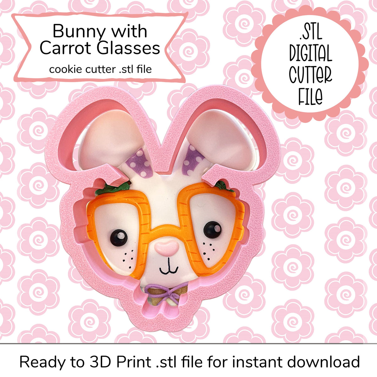 Pink bunny-shaped cookie cutter with orange carrot glasses and purple bow tie digital stl file design