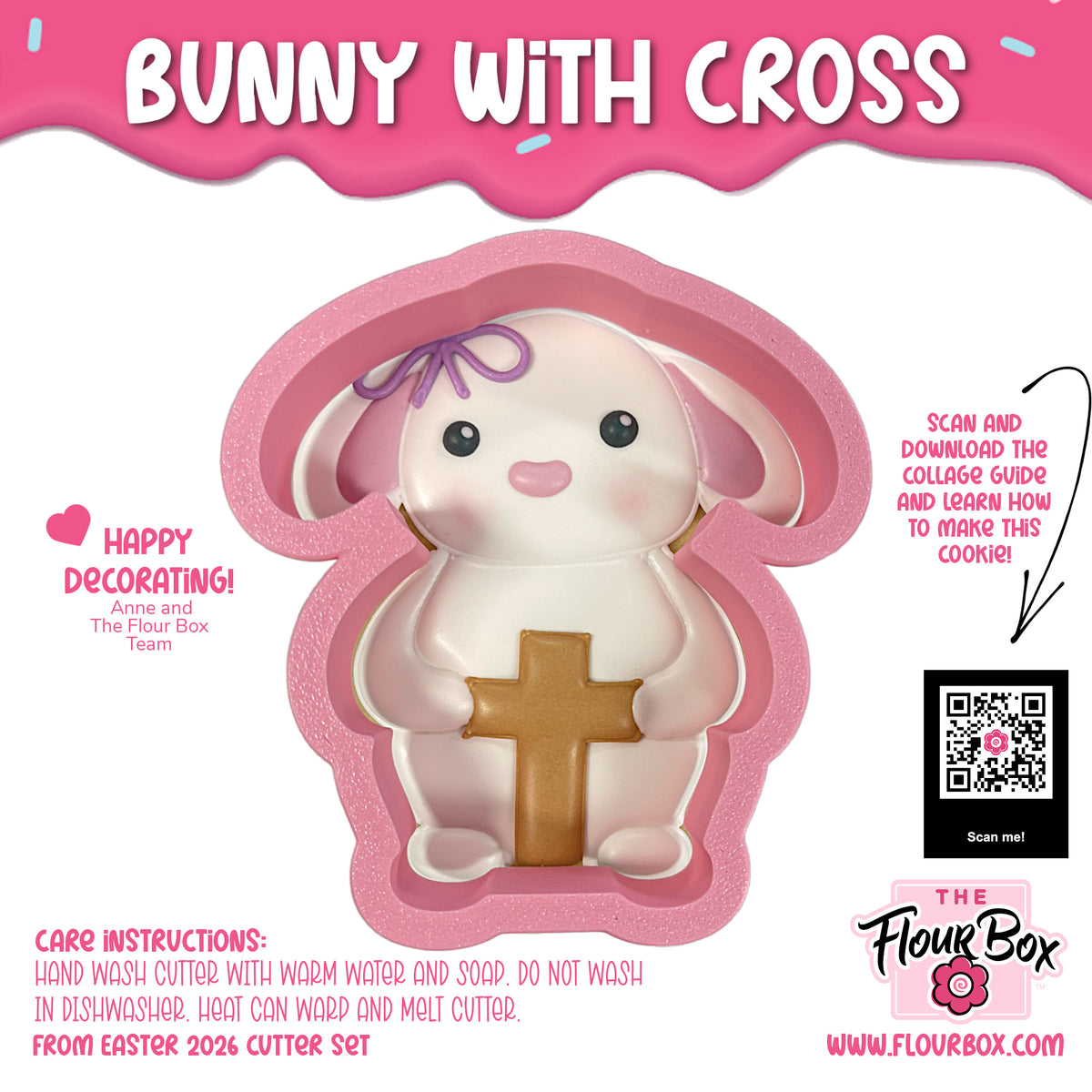 Pink glittery bunny with cross cookie cutter featuring a gold cross and purple bow for themed baking