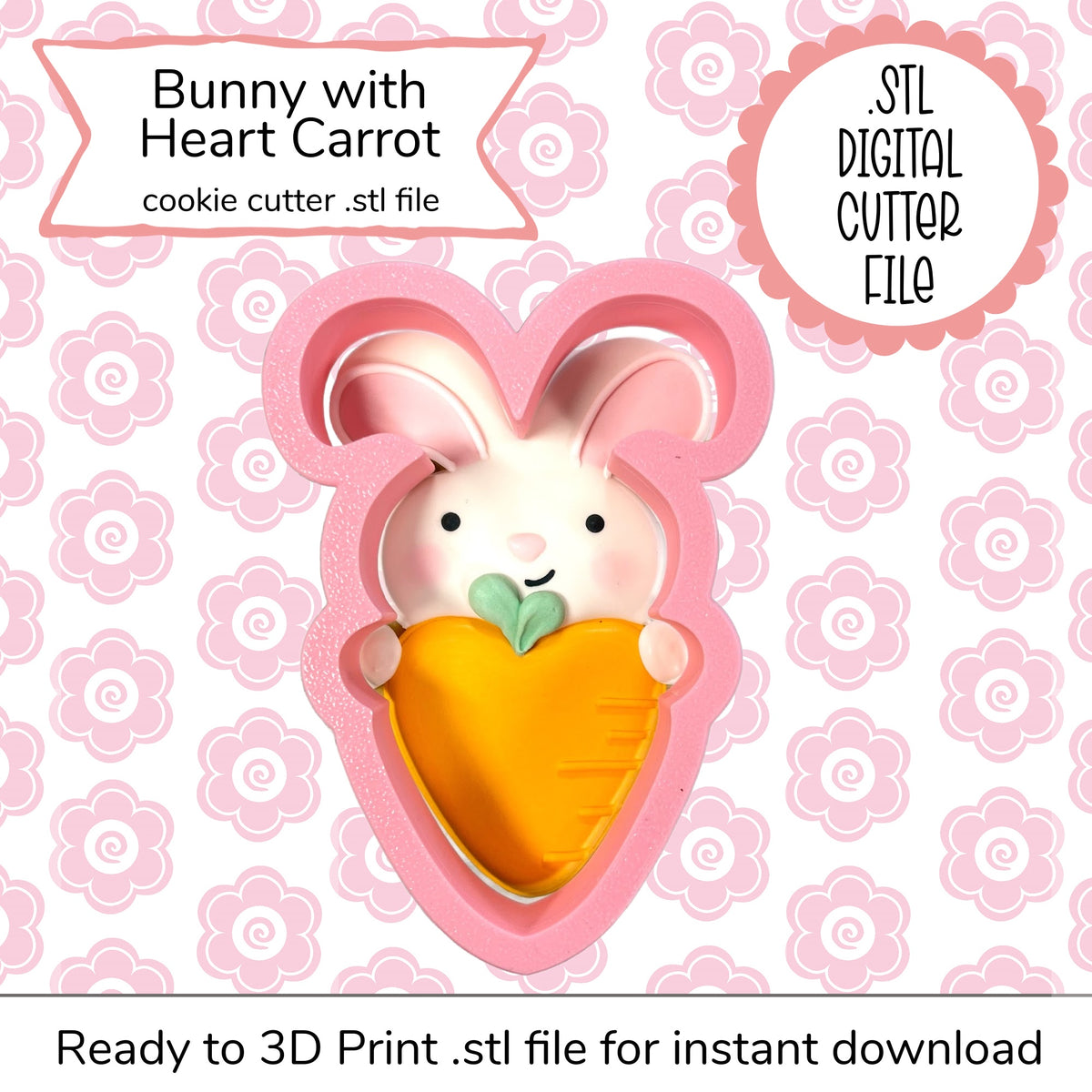 Pink heart-shaped cookie cutter featuring a white bunny holding an orange carrot with green leaves digital file