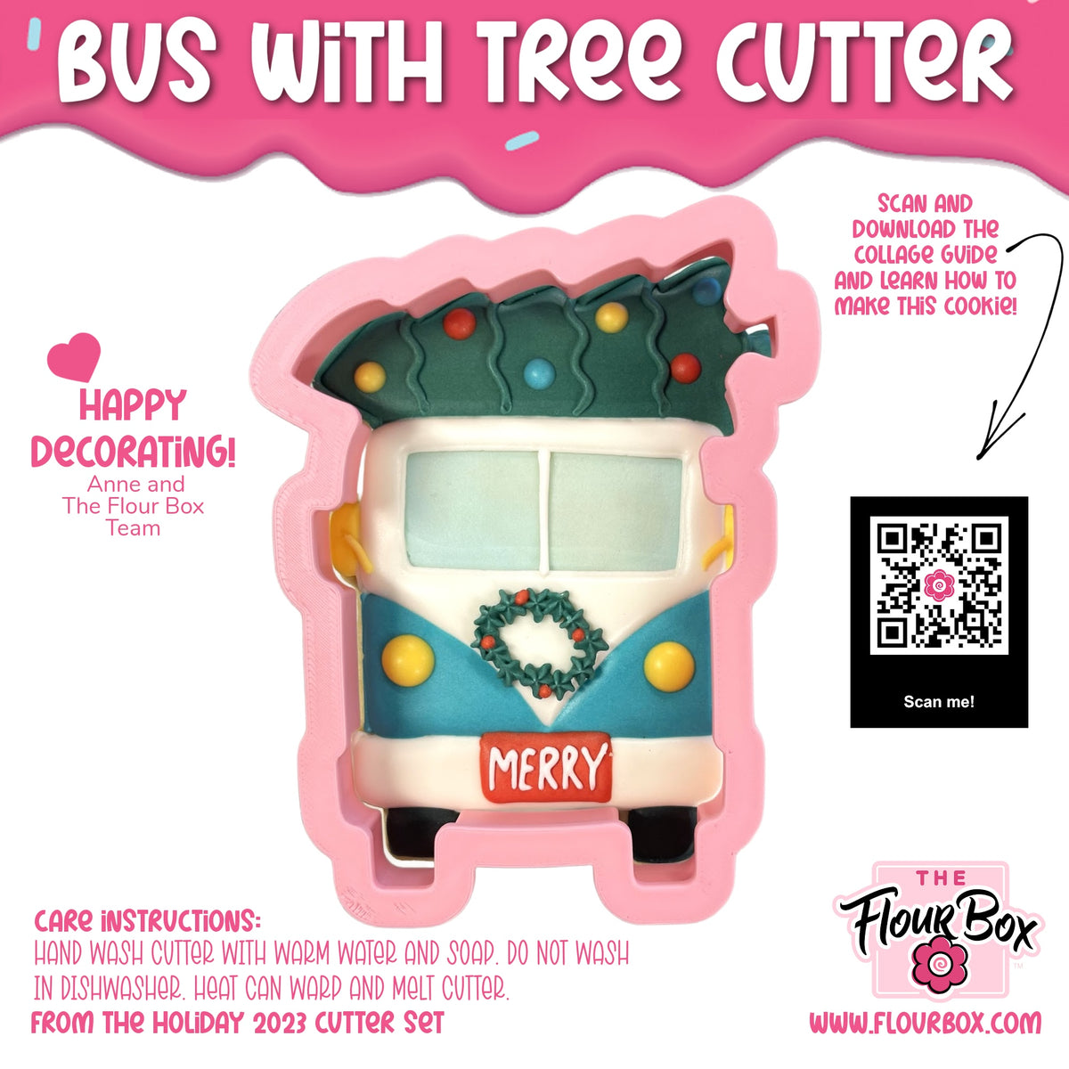 A festive blue and white metal bus cookie cutter with a christmas tree on its roof decorated with lights and a wreath