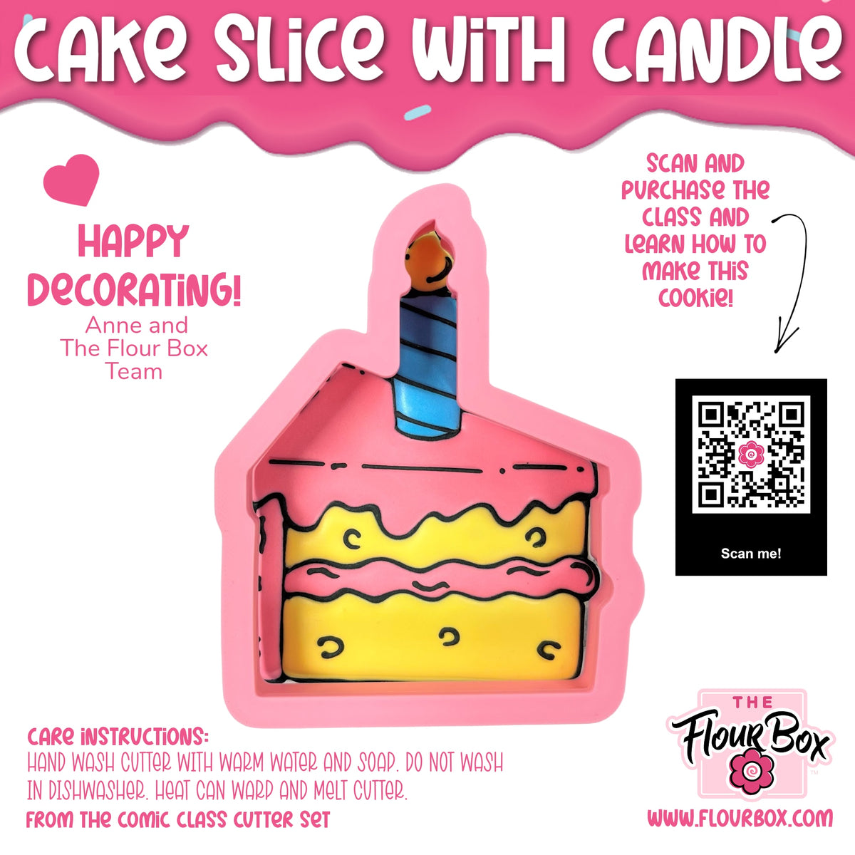 Pink silicone cake slice with candle cookie cutter featuring a blue and black striped candle design