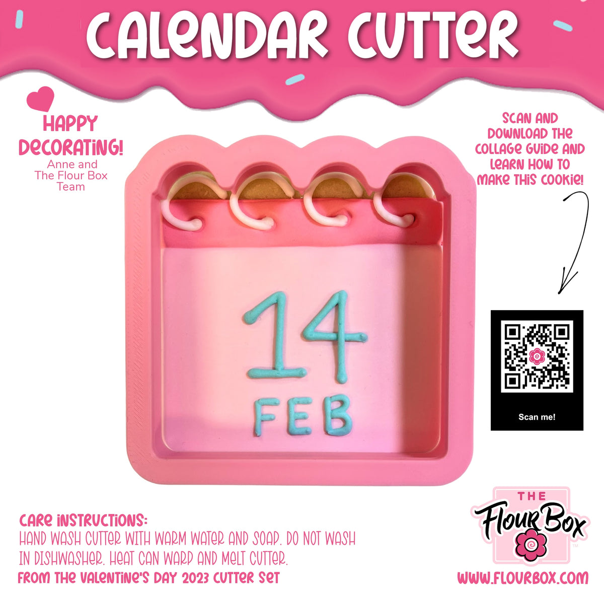 Pink silicone calendar cookie cutter with teal number and month details for shaping calendar page cookies