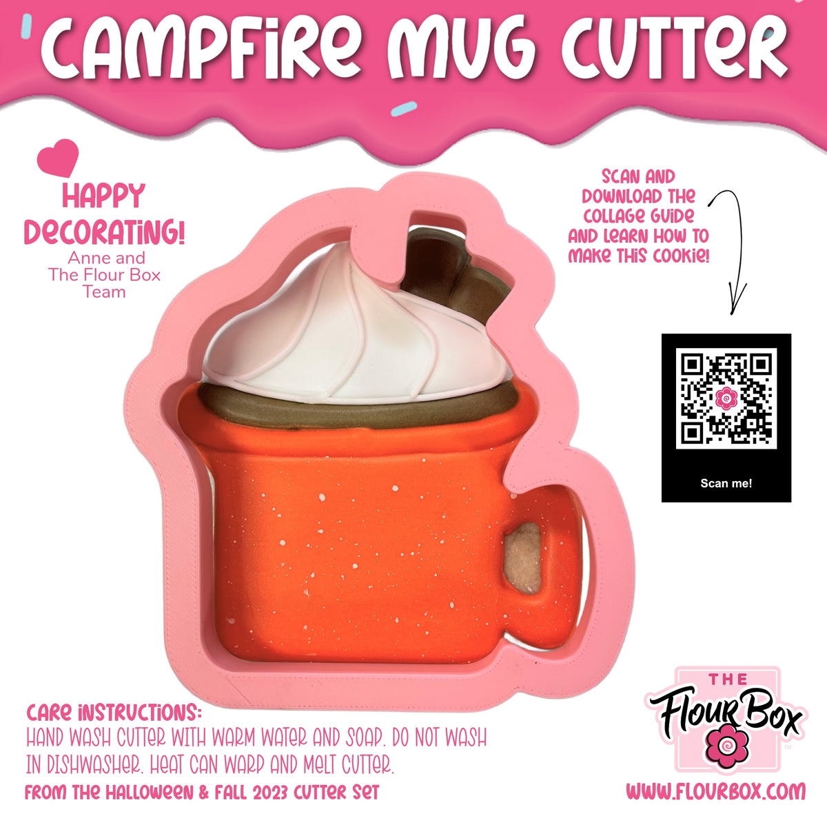 Pink silicone campfire mug cookie cutter with orange body white whipped cream top and brown chocolate drizzle detail