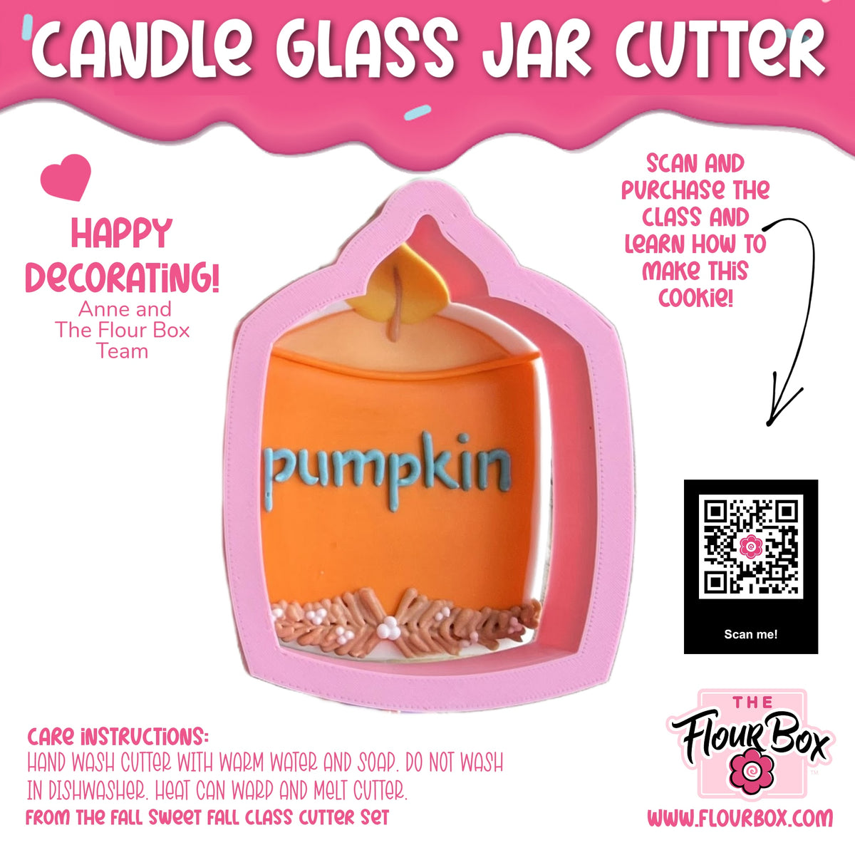 Pink silicone candle glass jar cookie cutter shaped like a pumpkin with orange and brown decorative details