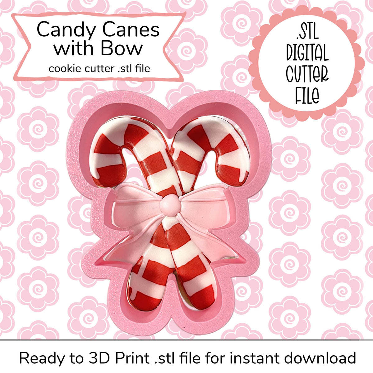 Pink silicone candy canes with bow cutter stl file digital cookie cutter for holiday baking and crafting