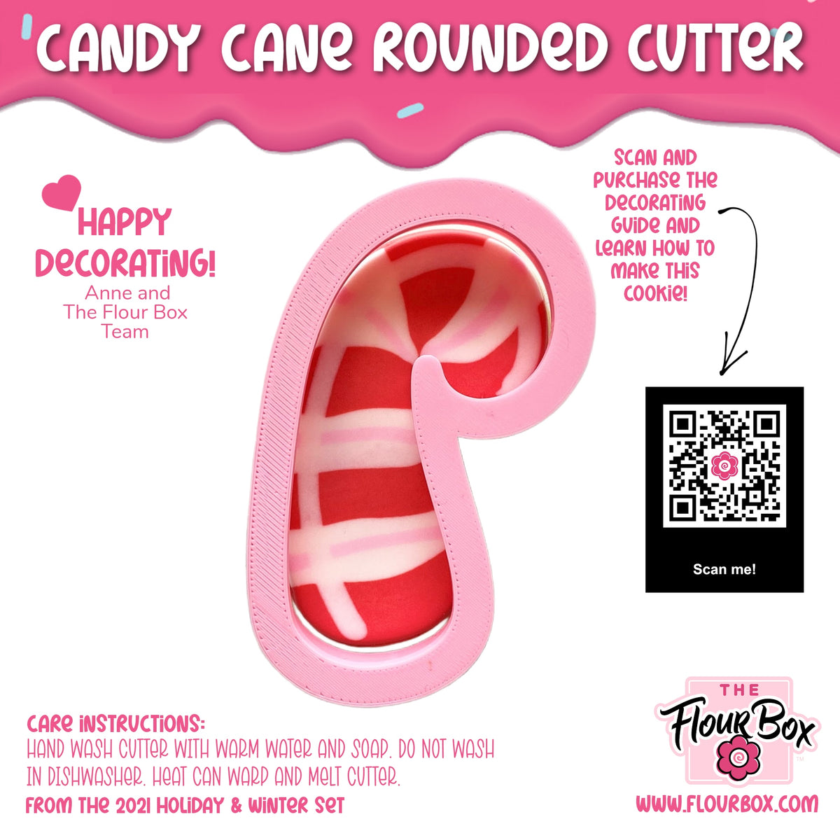Pink candy cane rounded cookie cutter with red and white striped interior for festive holiday baking