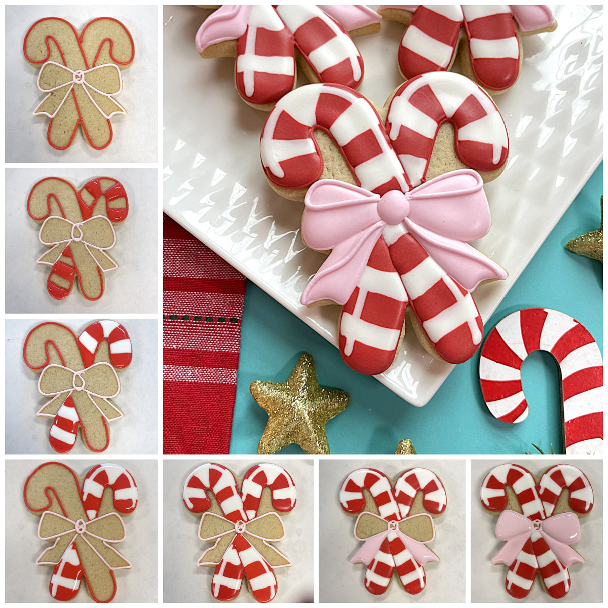Candy cane shaped cookies with red and white stripes decorated with pink and beige bows using bow cookie cutter