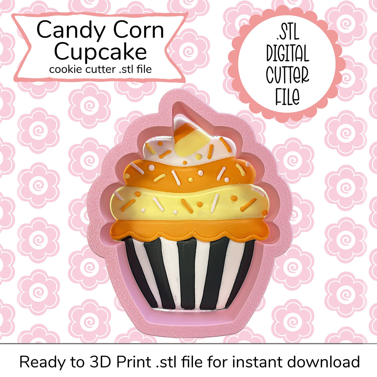 Pink silicone candy corn cupcake cookie cutter with black and white striped base yellow frosting swirls and candy corn topper