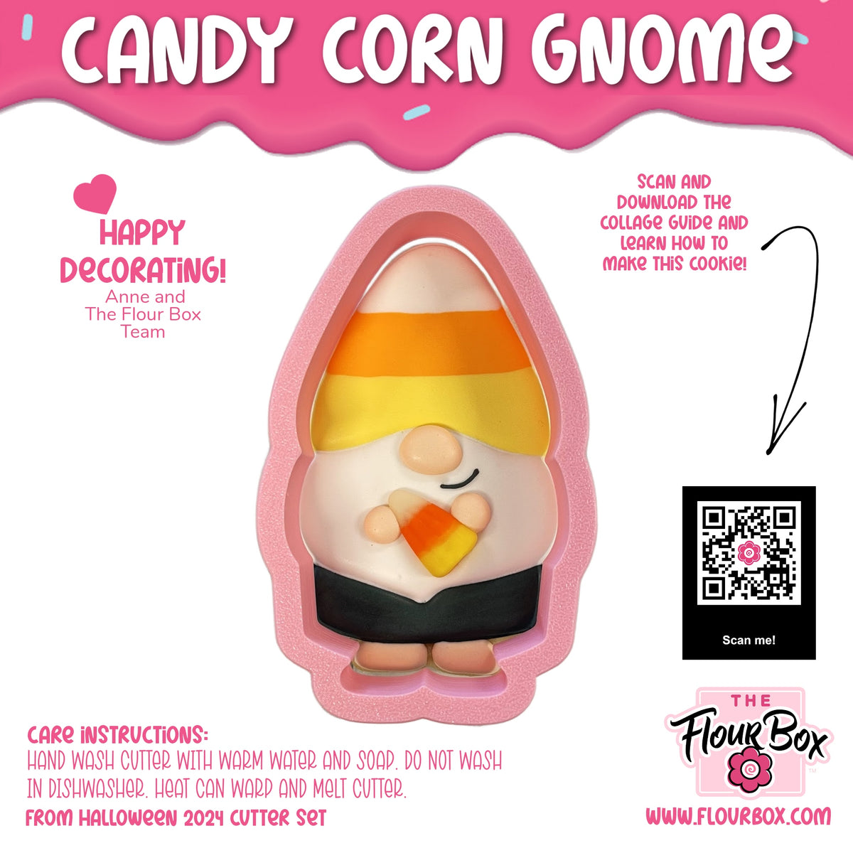 Candy corn gnome cookie cutter with pink silicone border featuring orange yellow hat white face black shorts and tan feet