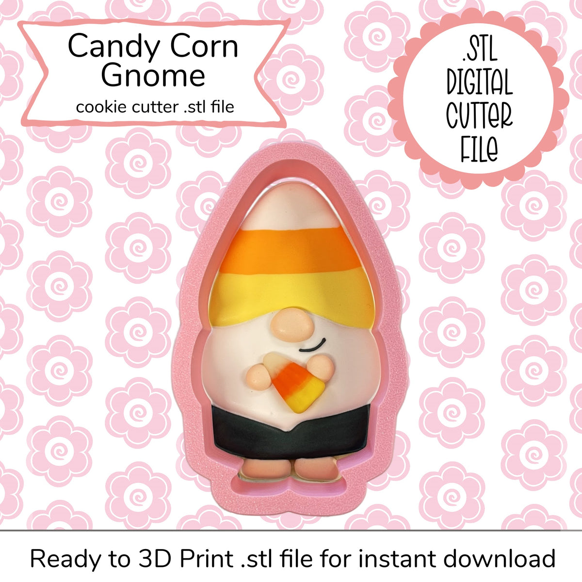 Candy corn gnome cutter STL file featuring orange yellow white striped hat black pants beige face holding candy corn in pink mold