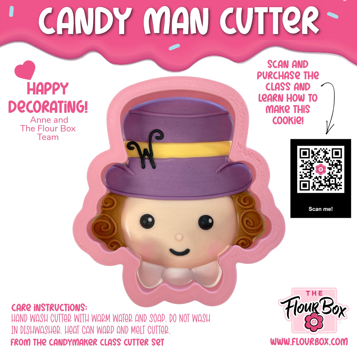 Candy man cookie cutter with purple and yellow colors featuring curly brown hair smiling face and purple hat with gold band