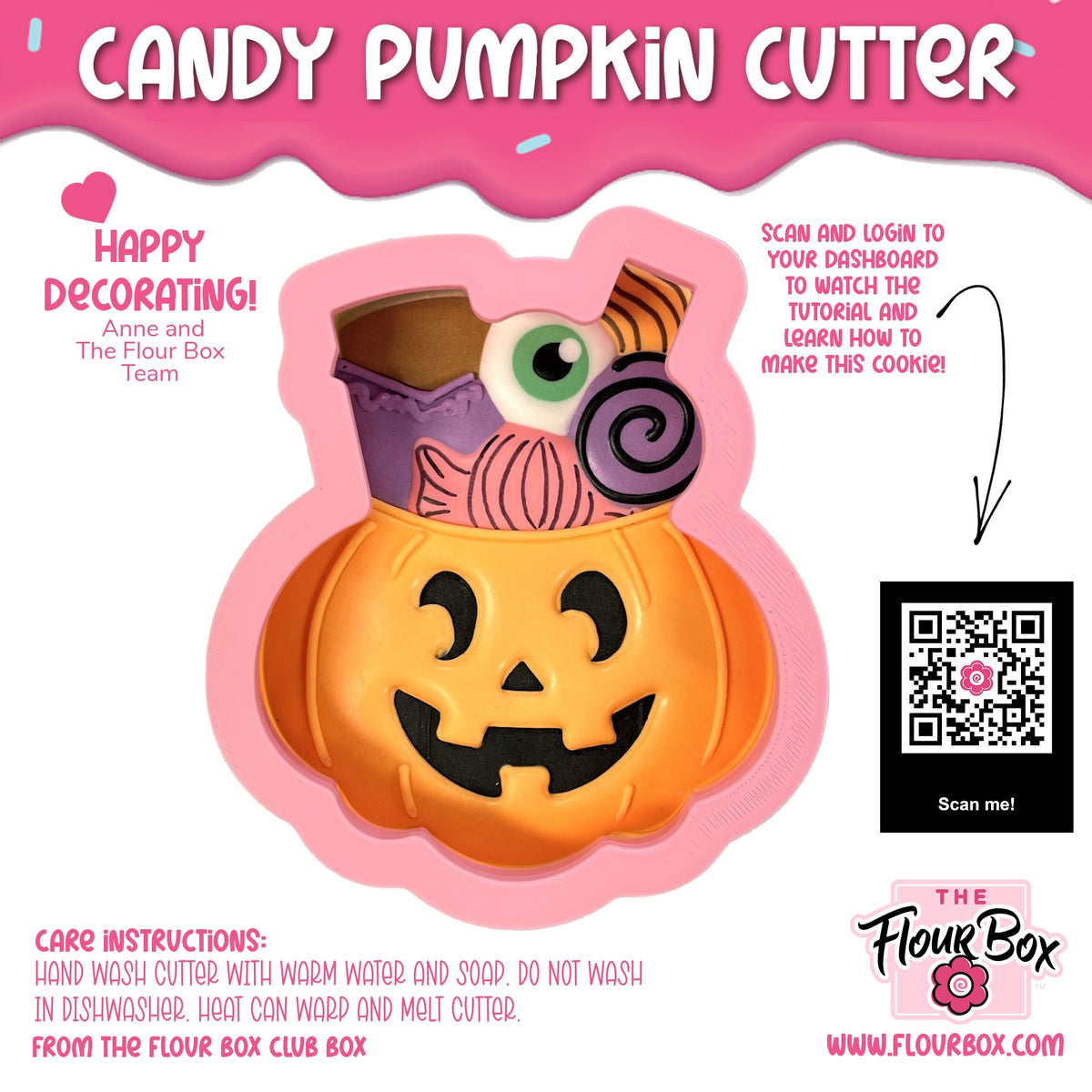 Orange plastic candy jack-o-lantern cookie cutter with smiling face and purple hat for flour box club use