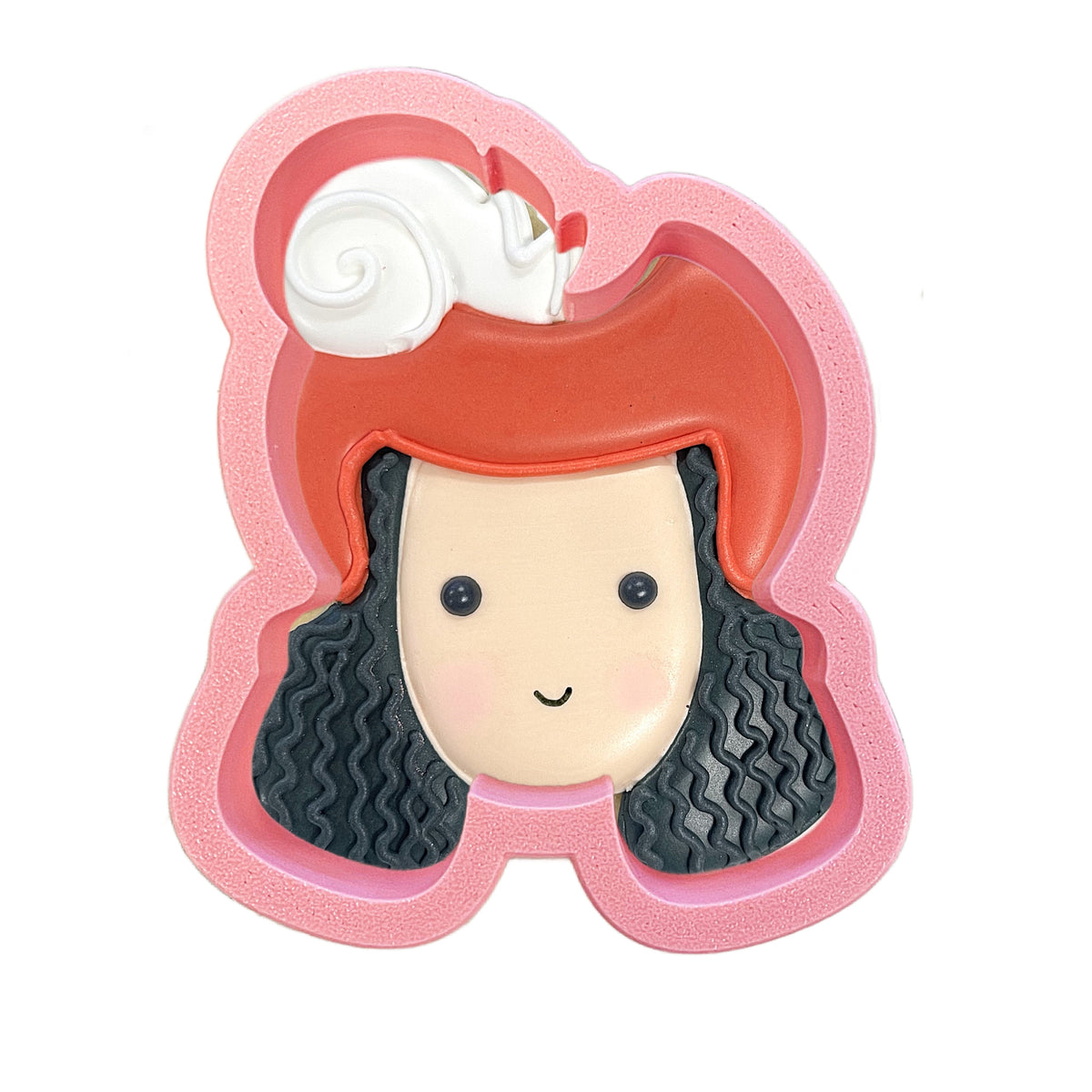 Pink silicone captain hook cookie cutter shaped like a cartoon girl with curly black hair and an orange hat