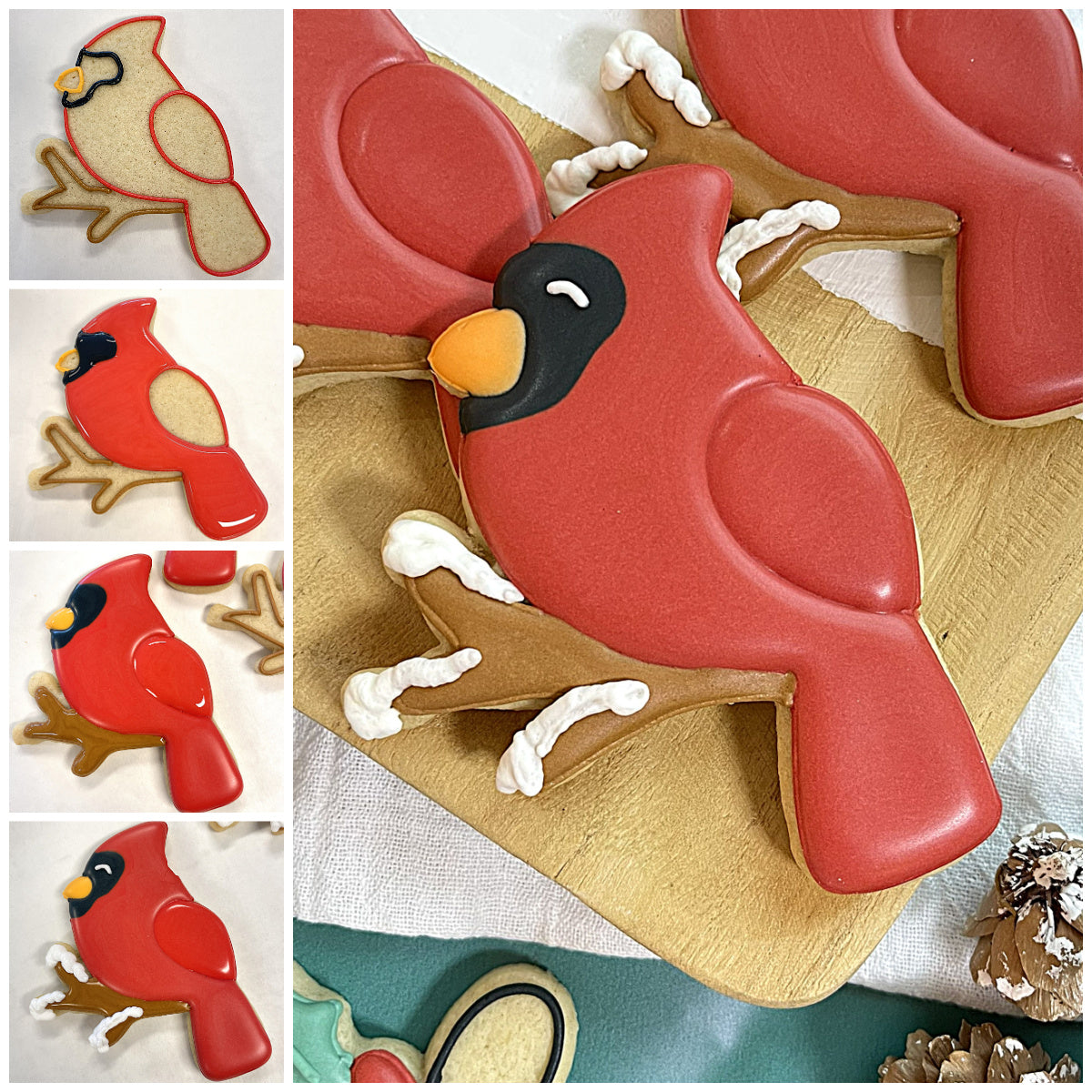 Cardinal on branch cookie cutter with a glossy red cardinal cookie featuring black head and white icing details on branch