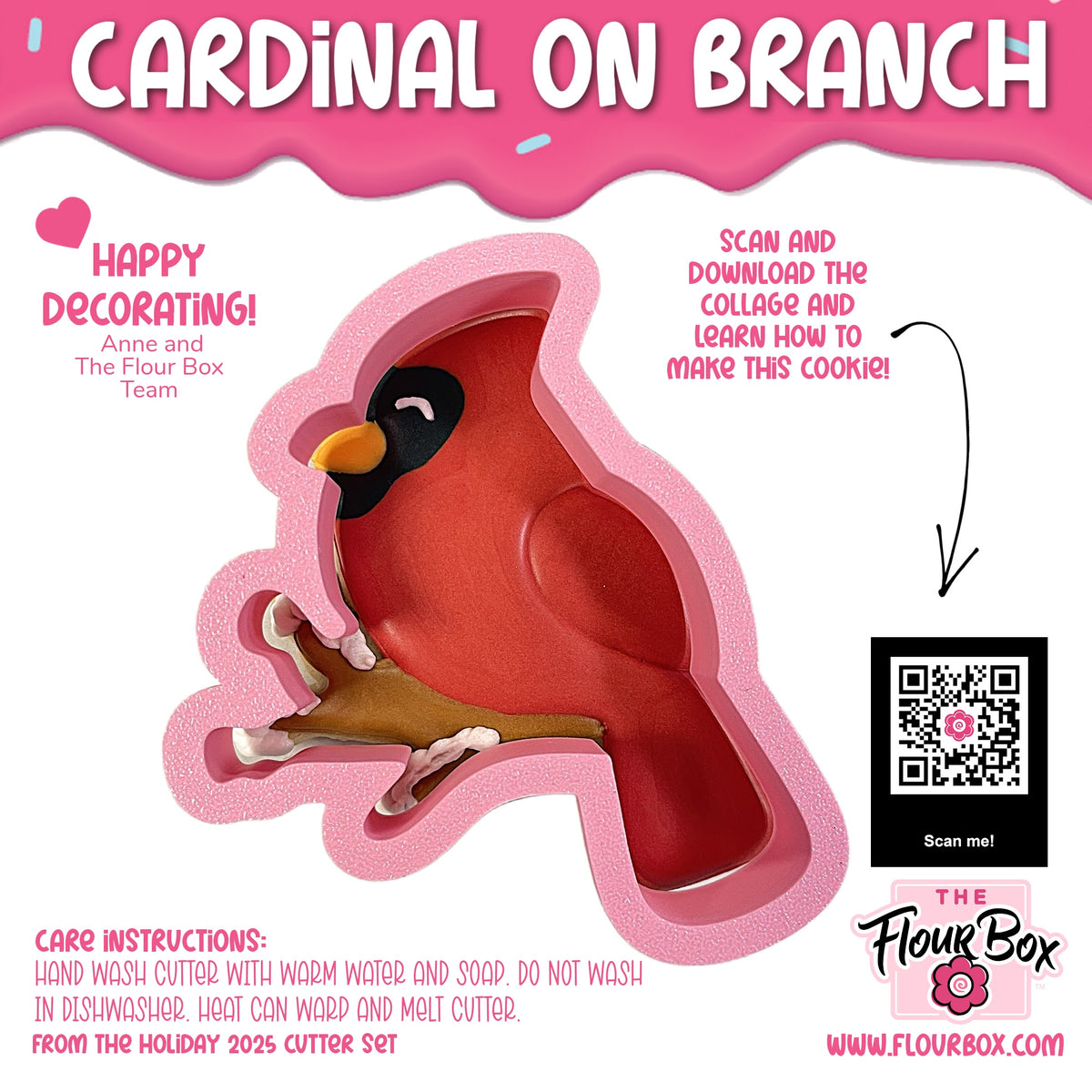 Pink silicone cookie cutter shaped like a cardinal on a branch for baking and crafting uses