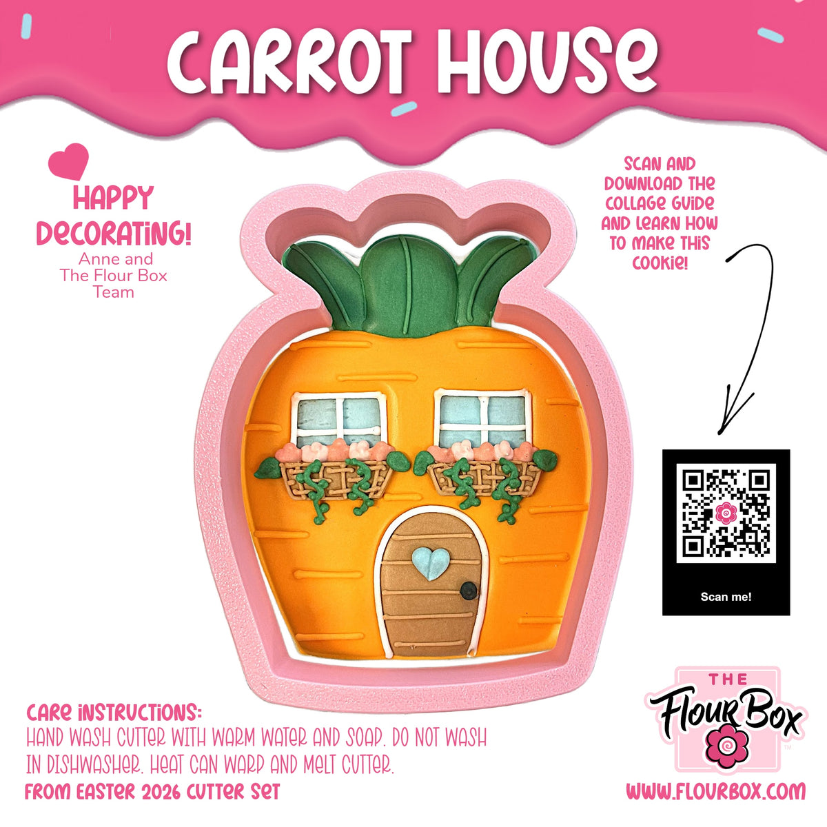 Orange carrot house cookie cutter with green leafy top pink border and detailed windows door and flower box designs