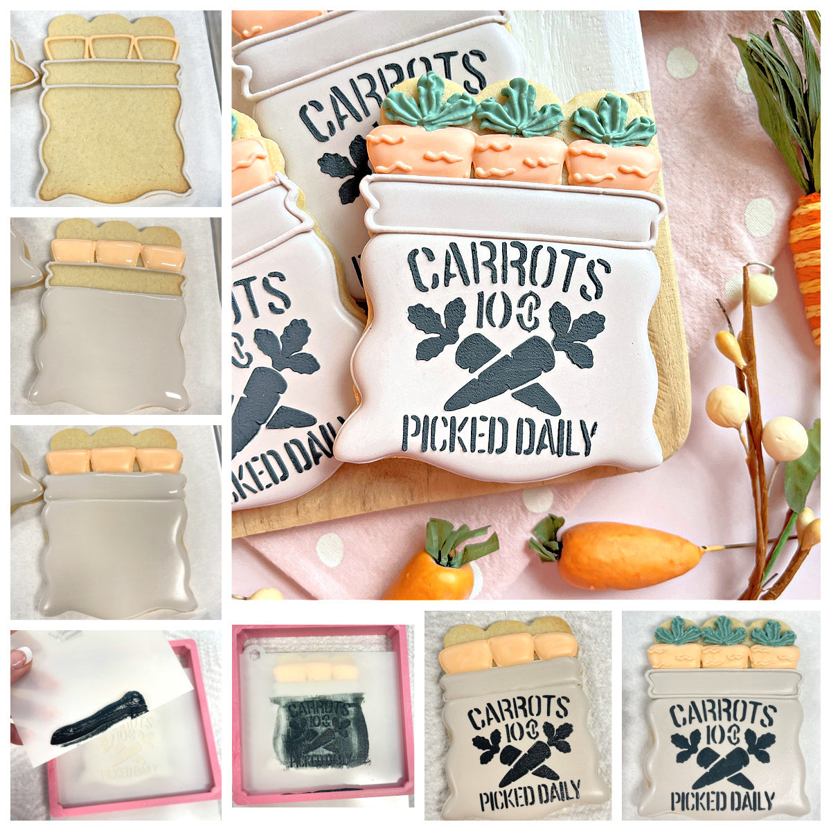 White sugar cookie shaped like a carrot bin decorated with black icing text and green leafy tops bunny farmer cookie cutter bundle with stencil