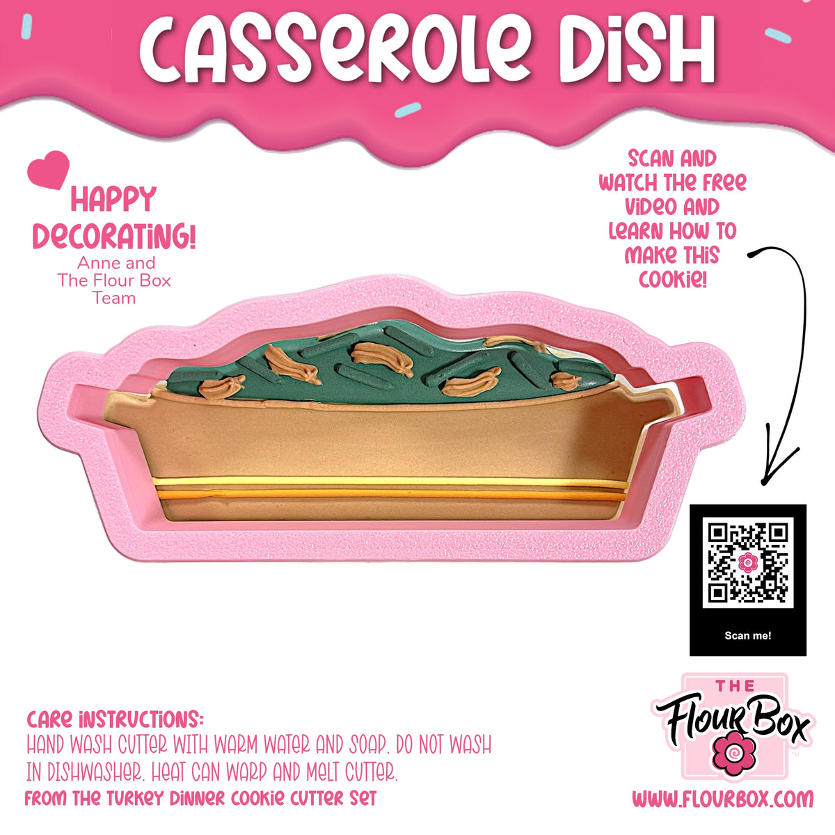 Pink silicone casserole dish cookie cutter with gold rim and green peanut filled cookie design