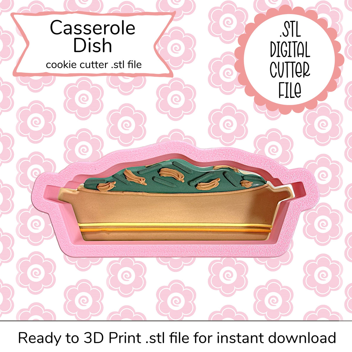 Pink silicone casserole dish cookie cutter with gold and green details for casserole dish cutter STL file digital use