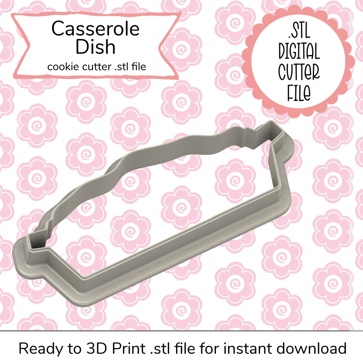 Gray plastic casserole dish shaped cookie cutter for baking with digital STL file design for crafting