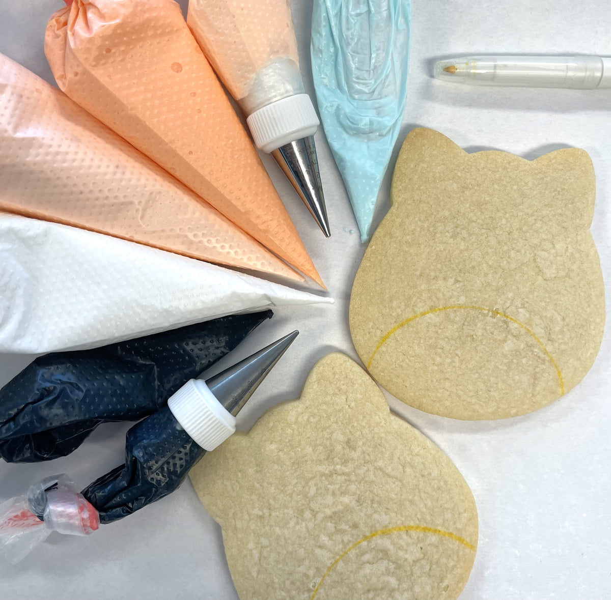 Two beige cat-shaped sugar cookies with yellow icing outlines made using the squishie cat cookie cutter