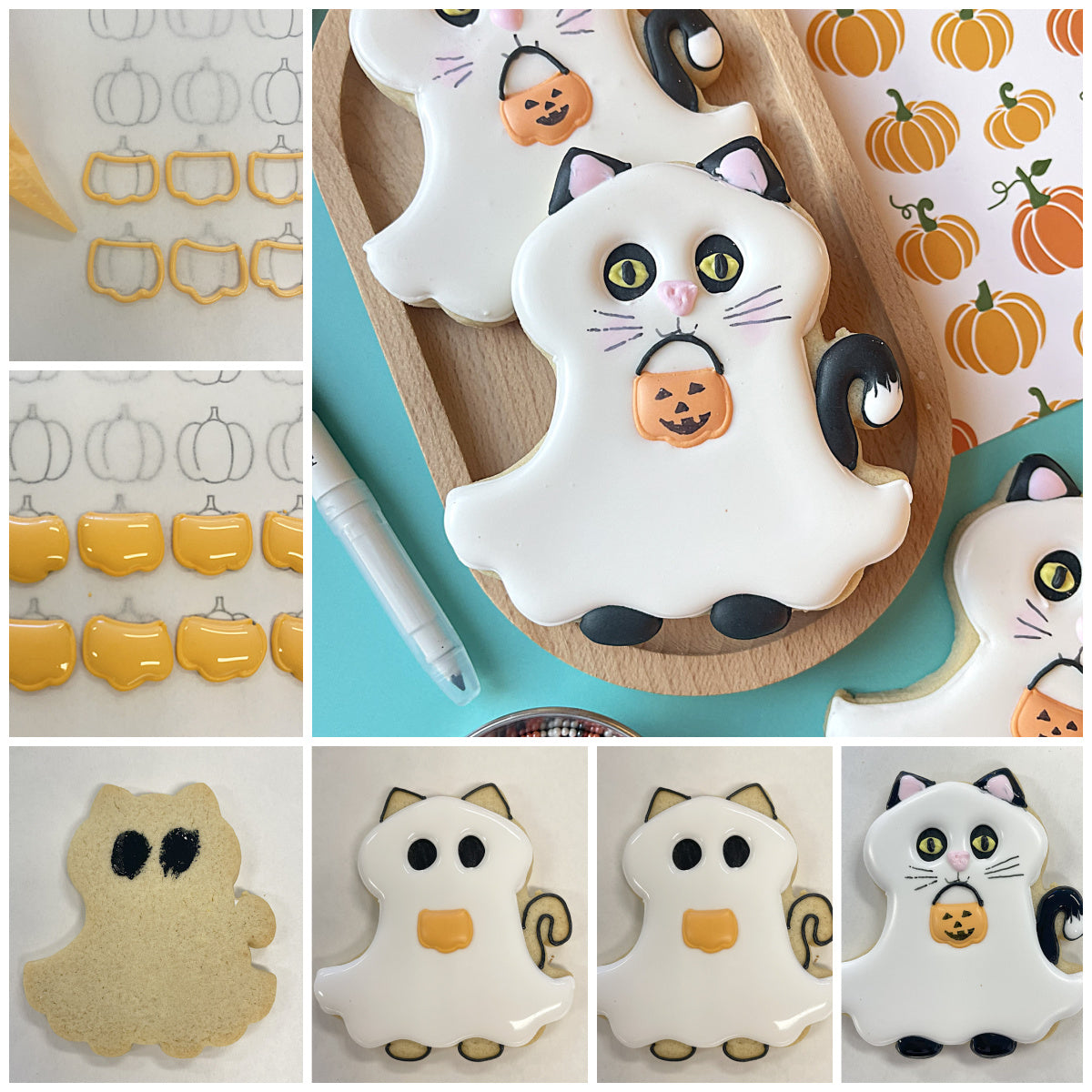 Ghost pets cookie cutter bundle with a white ghost-shaped cookie featuring black accents green eyes and a pumpkin candy