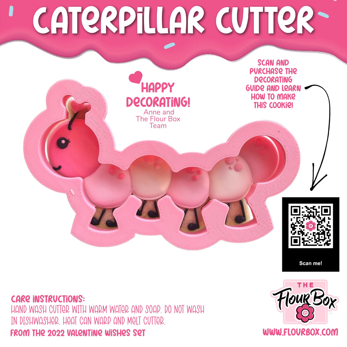 Pink plastic caterpillar cookie cutter with smiling face and segmented body for baking and shaping cookies