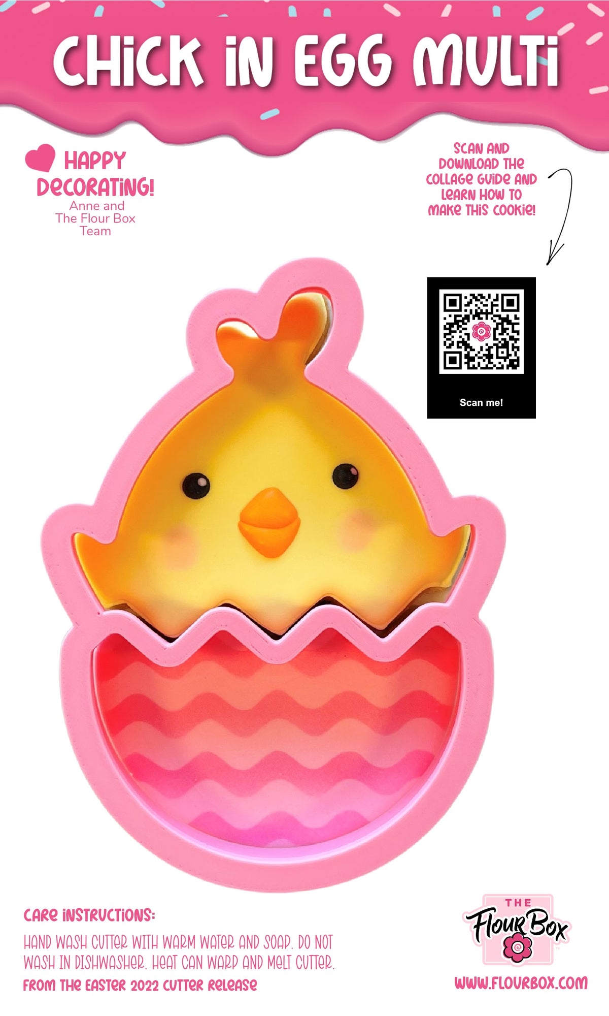 Pink silicone chick in egg 2-in-1 multi-cookie cutter with yellow chick design and wavy pink interior for baking
