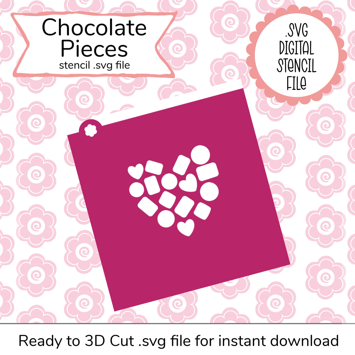 A magenta square svg stencil with a heart-shaped cutout featuring various chocolate piece shapes for crafting