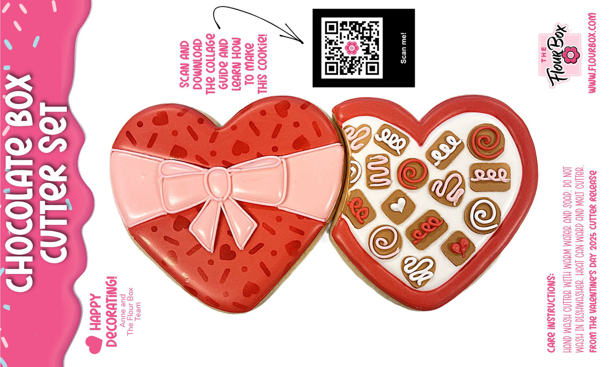 Red heart-shaped chocolate box 2pc cookie cutter with pink ribbon bow and decorative stencil designs inside