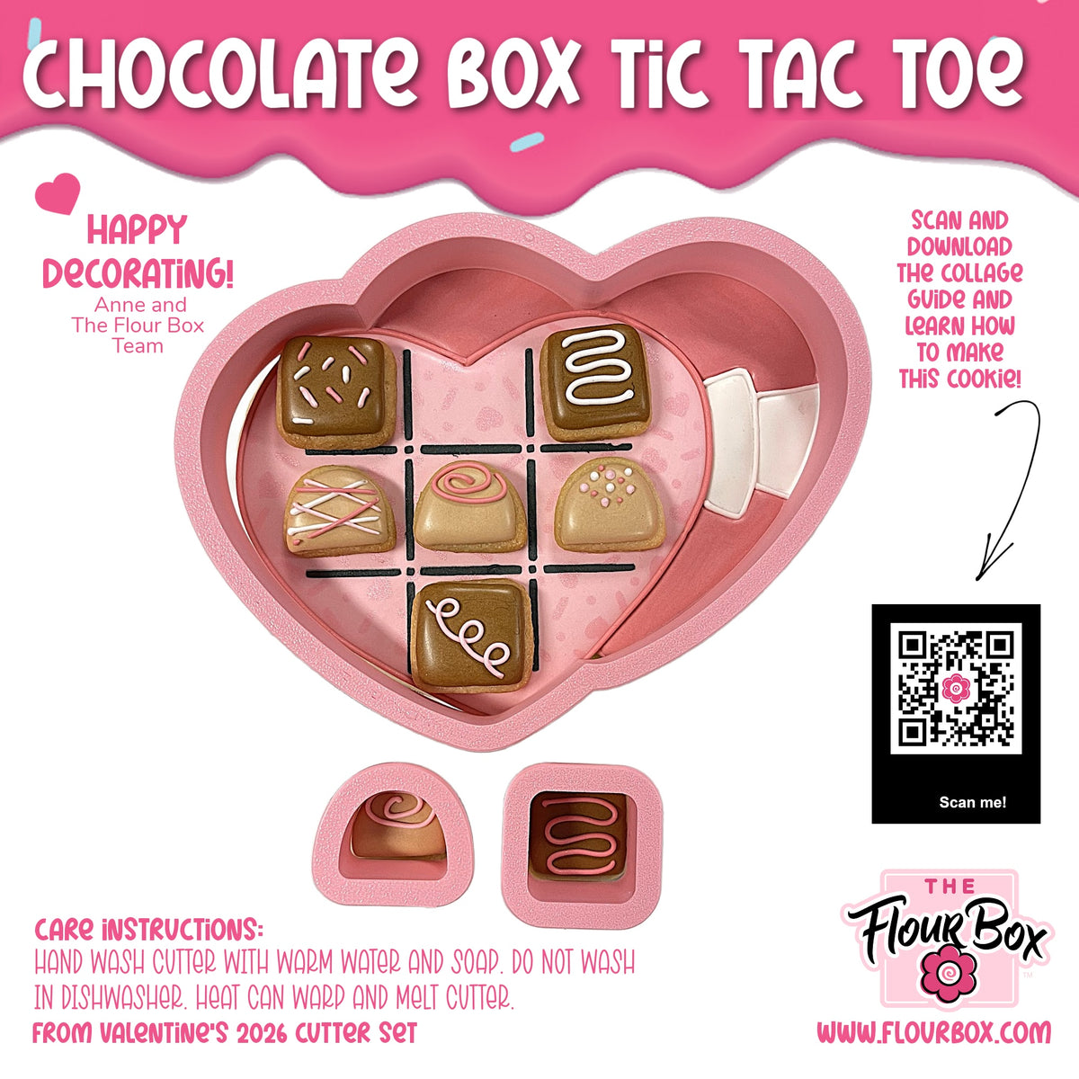 Pink heart-shaped chocolate box tic tac toe cookie cutter set with assorted decorated candy pieces inside