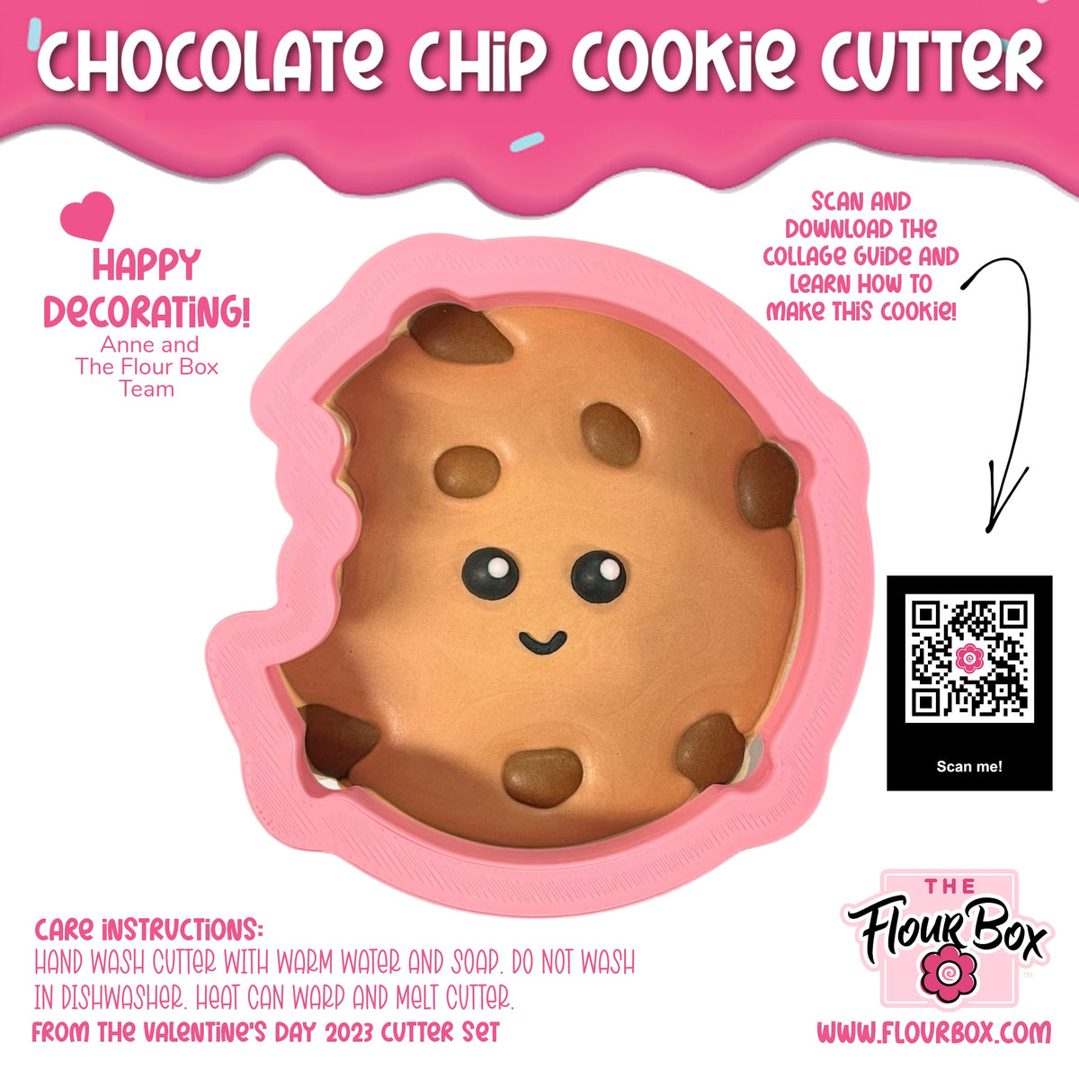Pink silicone chocolate chip cookie cutter shaped like a smiling cookie with brown chips for baking use
