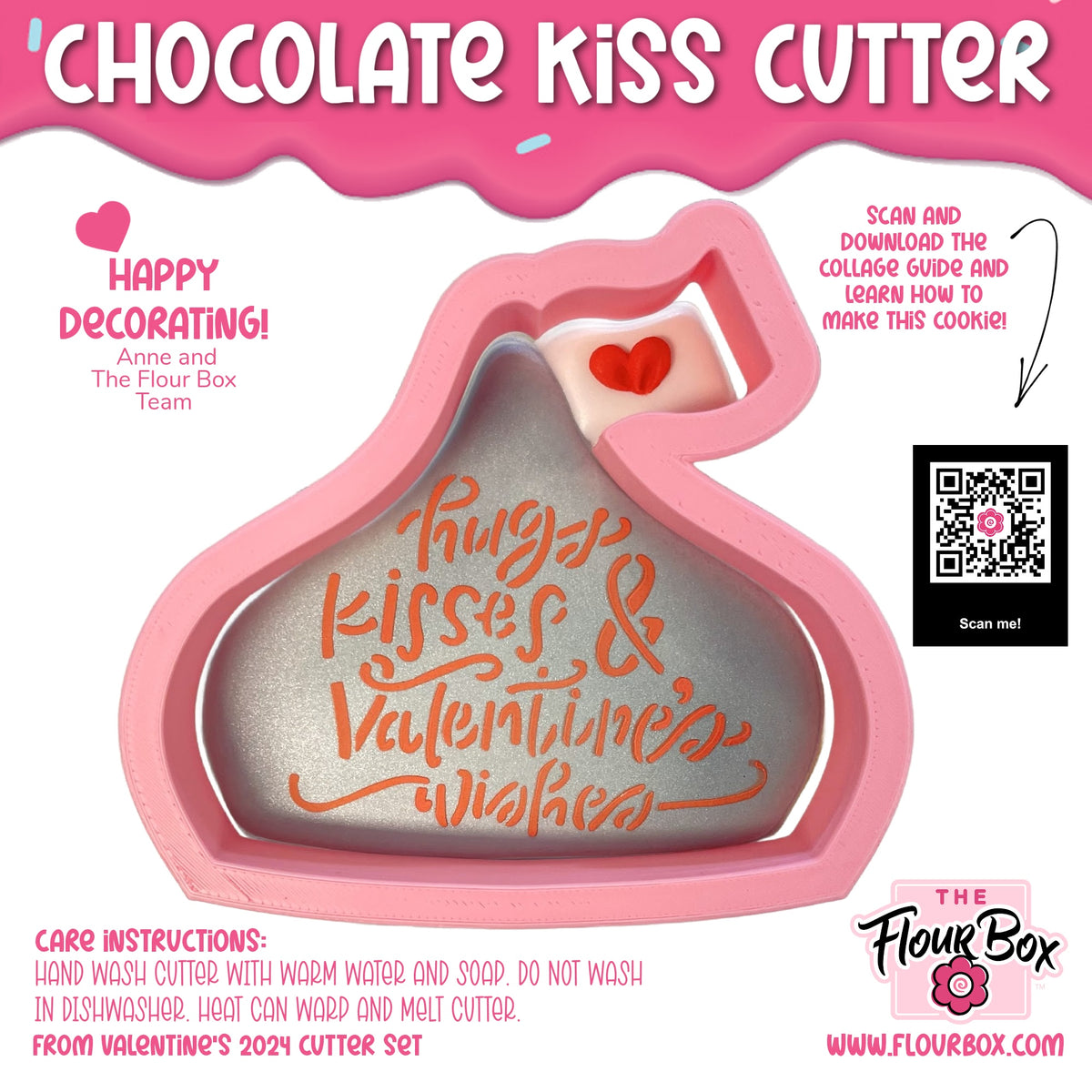 Pink silicone chocolate kiss cookie cutter with silver interior and orange valentines wishes text for baking