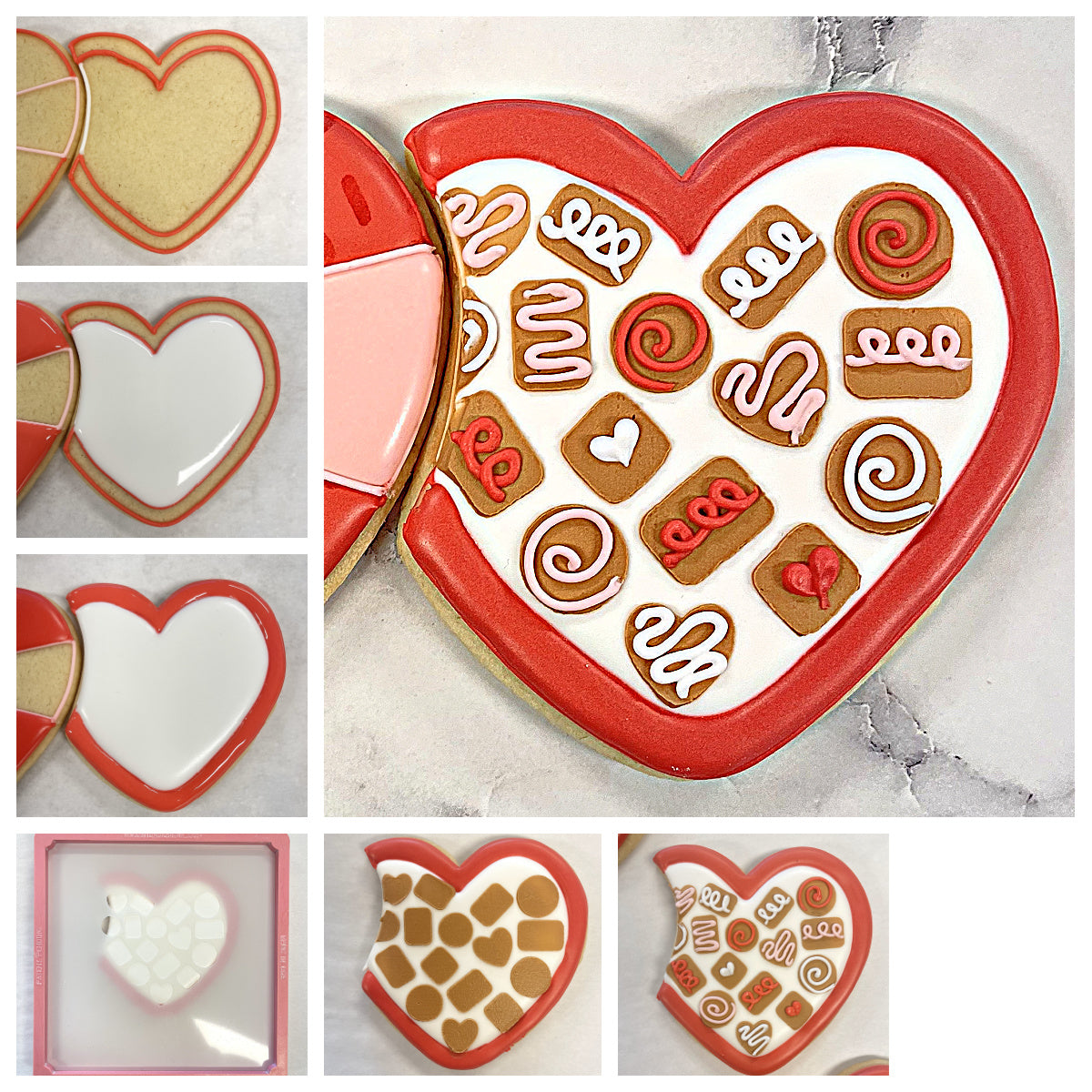 Chocolate box 2pc cookie cutter with stencil set heart-shaped cookie with red border and decorated white icing center