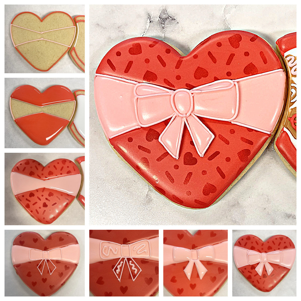 Chocolate box 2pc cookie cutter with stencil set creating a glossy red heart shaped cookie with pink icing bow and sprinkles