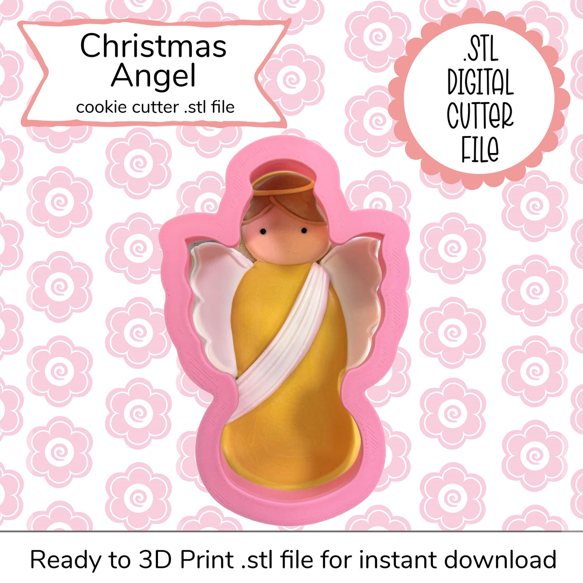 Pink plastic Christmas angel cookie cutter with yellow and white details for festive baking STL file