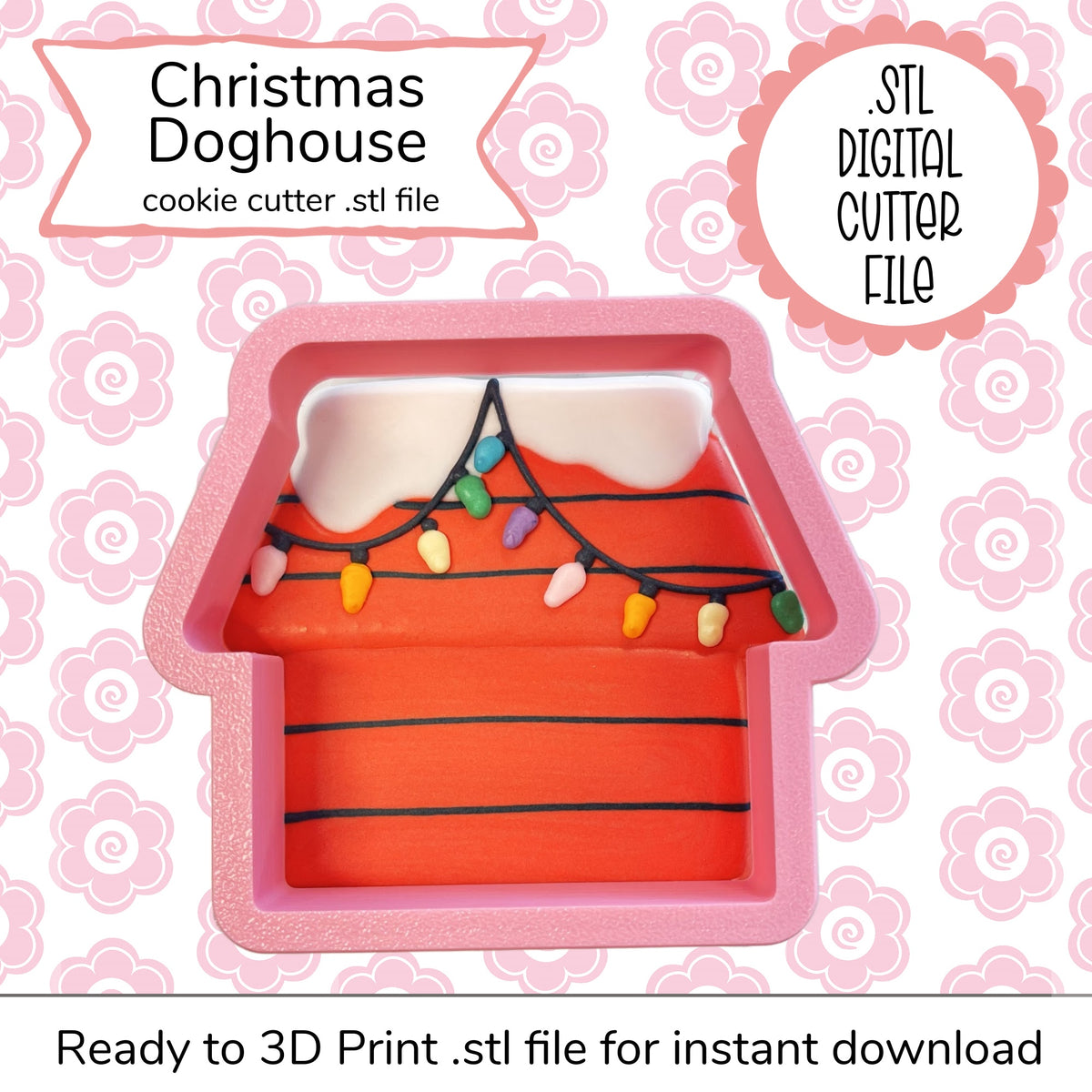 Pink silicone christmas doghouse cookie cutter with orange interior white roof detail and colorful string lights design