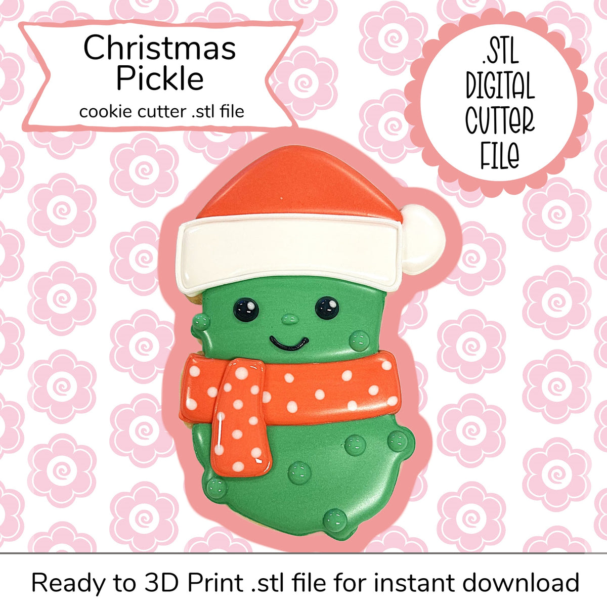 Green christmas pickle cookie cutter with santa hat and orange scarf digital STL file for holiday baking