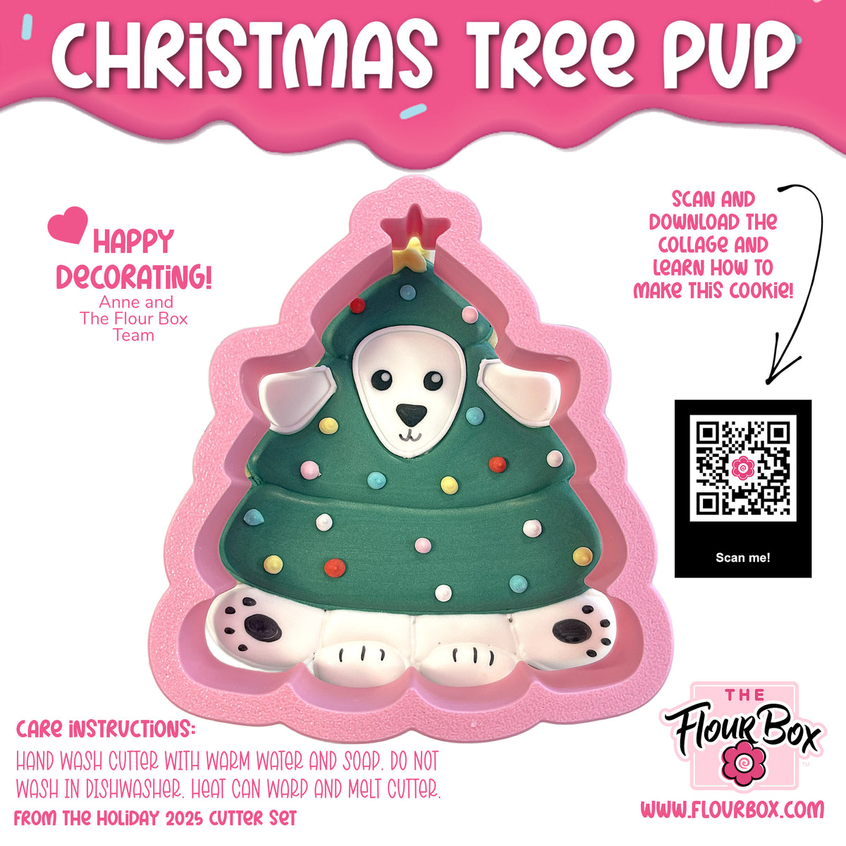 A green christmas tree-shaped cookie cutter featuring a white puppy face and paws with colorful candy decorations