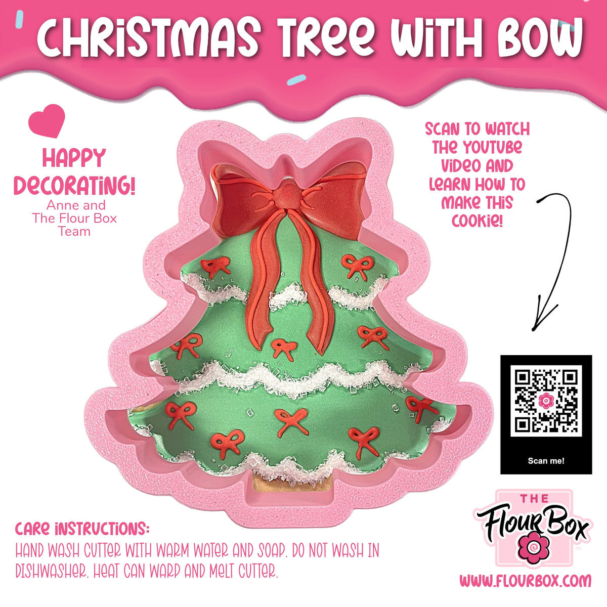 Pink silicone christmas tree cookie cutter with red bow design and scalloped edges for festive baking