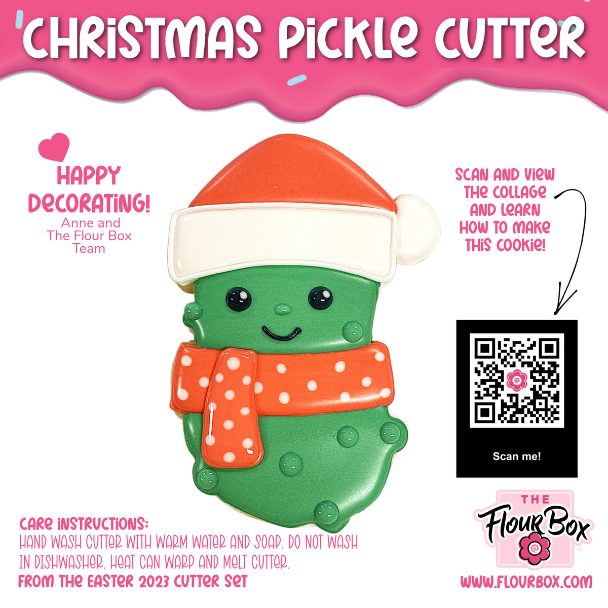 Christmas pickle cookie cutter in green shaped like a smiling pickle wearing a santa hat and polka-dotted scarf