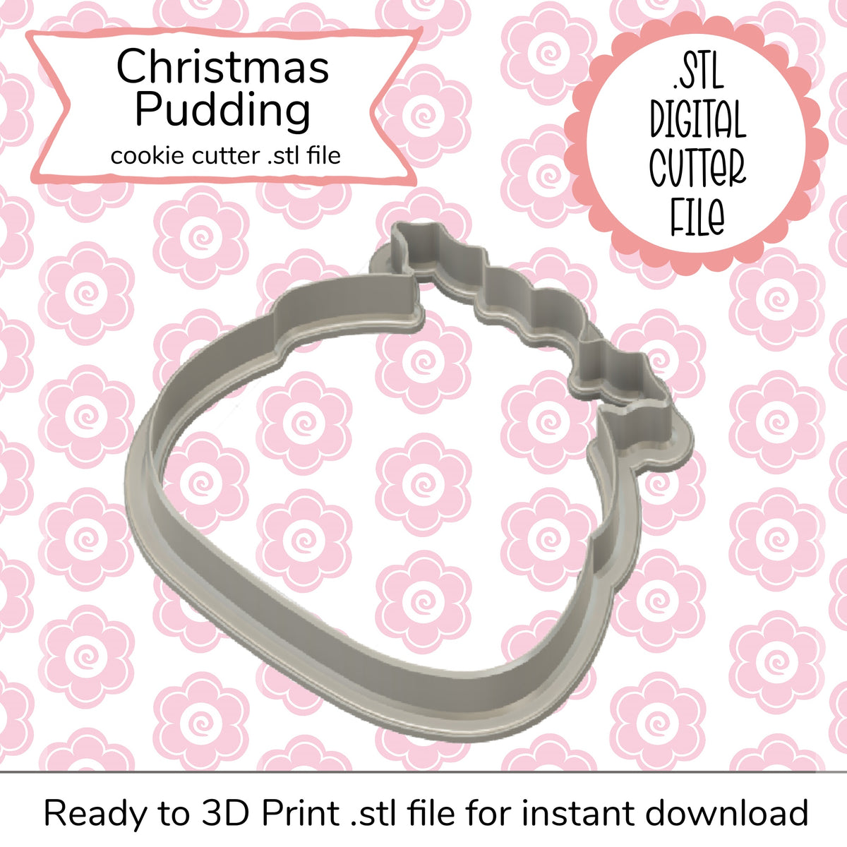 Gray metallic Christmas pudding cookie cutter with scalloped edge and rounded base for STL digital file use